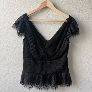 Tadashi Shoji Black Lace-Trim V-Neck Blouse